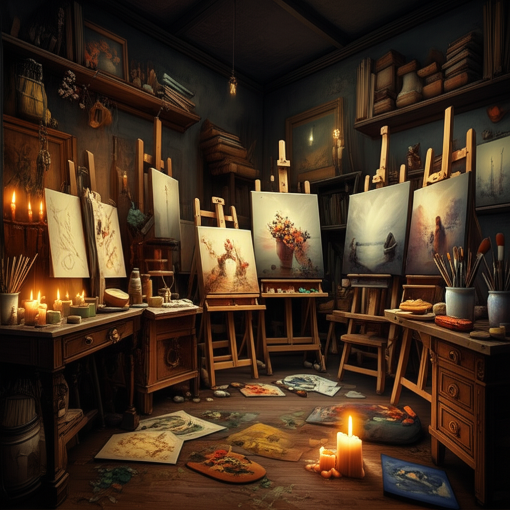 Artist's mystical studio workspace